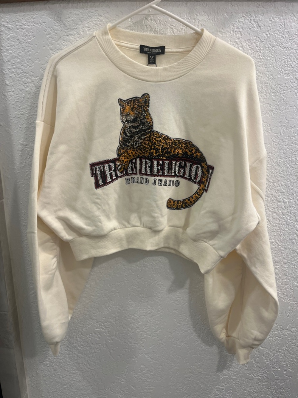 True Religion Cream Leopard Applique Cropped Sweatshirt
